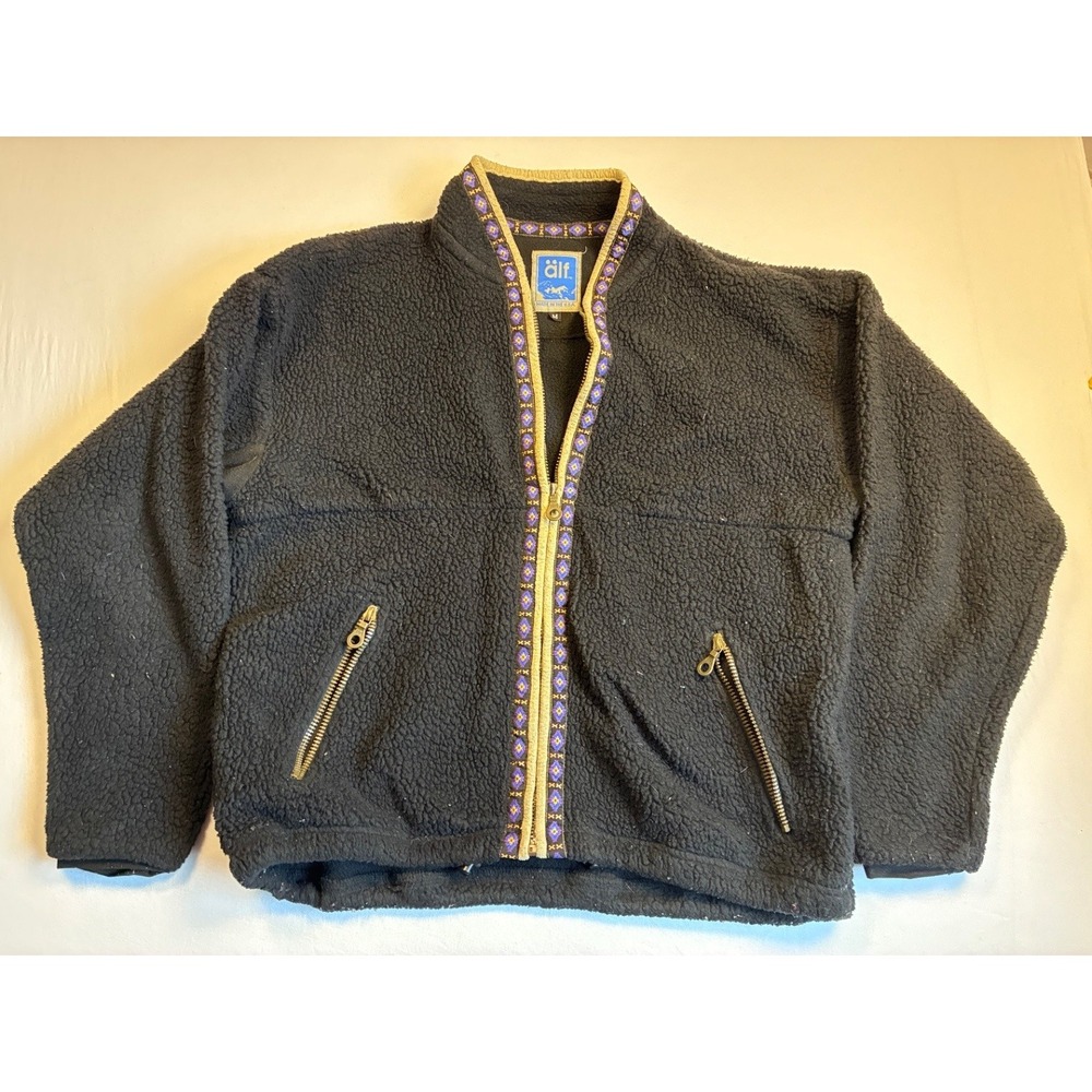 Vintage ALF Mens M Deep Pile Sherpa Fleece Jacket Black Made in USA Retro 90s